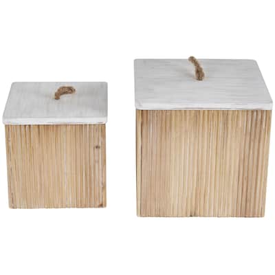 Wooden Washed Ribbed Storage Box with White Lids and Rope Handles - Set of 2 Brown - Roche River Decor