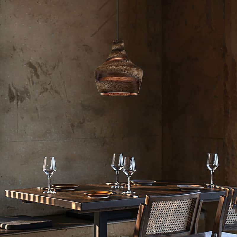 1-light Brown Natural Pendant Light With Nordic Style Corrugated Cardboard Shade