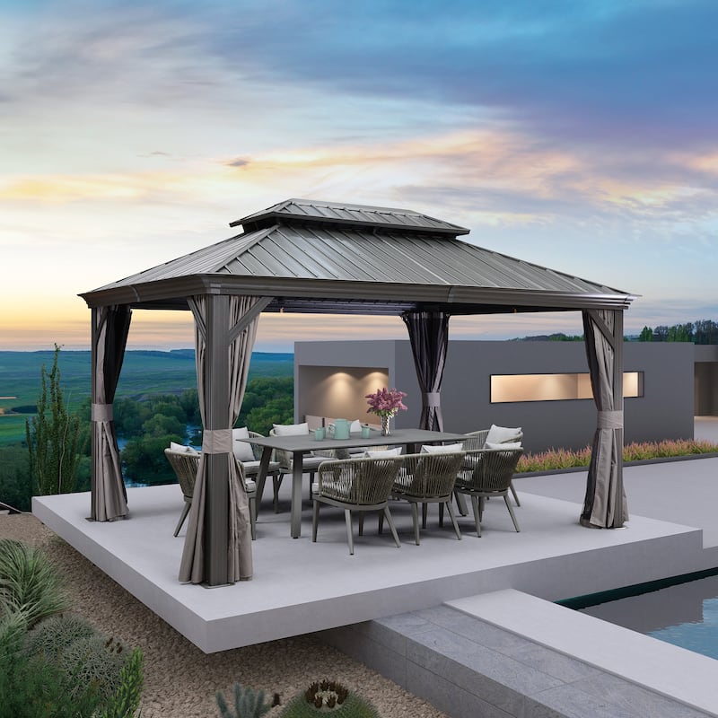PURPLE LEAF Outdoor Galvanized Steel Hardtop Gazebo, Aluminum Frame Gazebo With Curtains - 10' x 14' - Grey