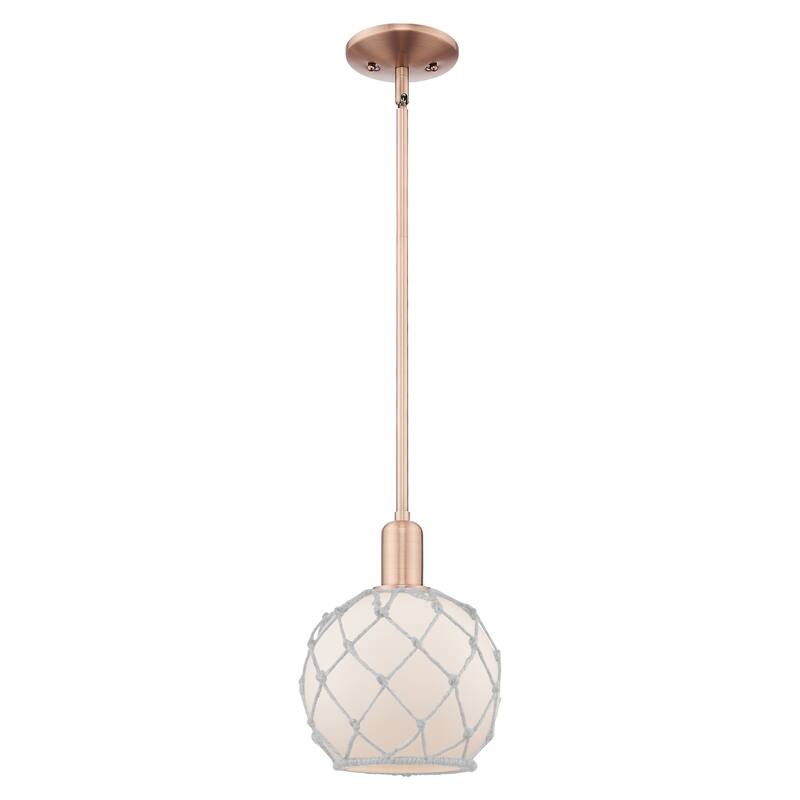 Innovations Lighting Endless Possibilities Arcadia - Farmhouse Rope - 1 Light 8" Stem Hung Mini Pendant - White Glass with White Rope/Antique Copper