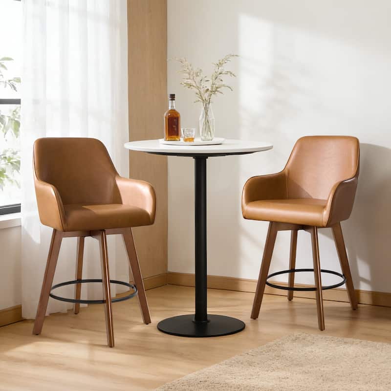 25 Inch Upholstered Swivel Counter Height Bar Stool with Armrests, Solid Wood Legs - 23.6"W x 22.4"D x 40.2"H