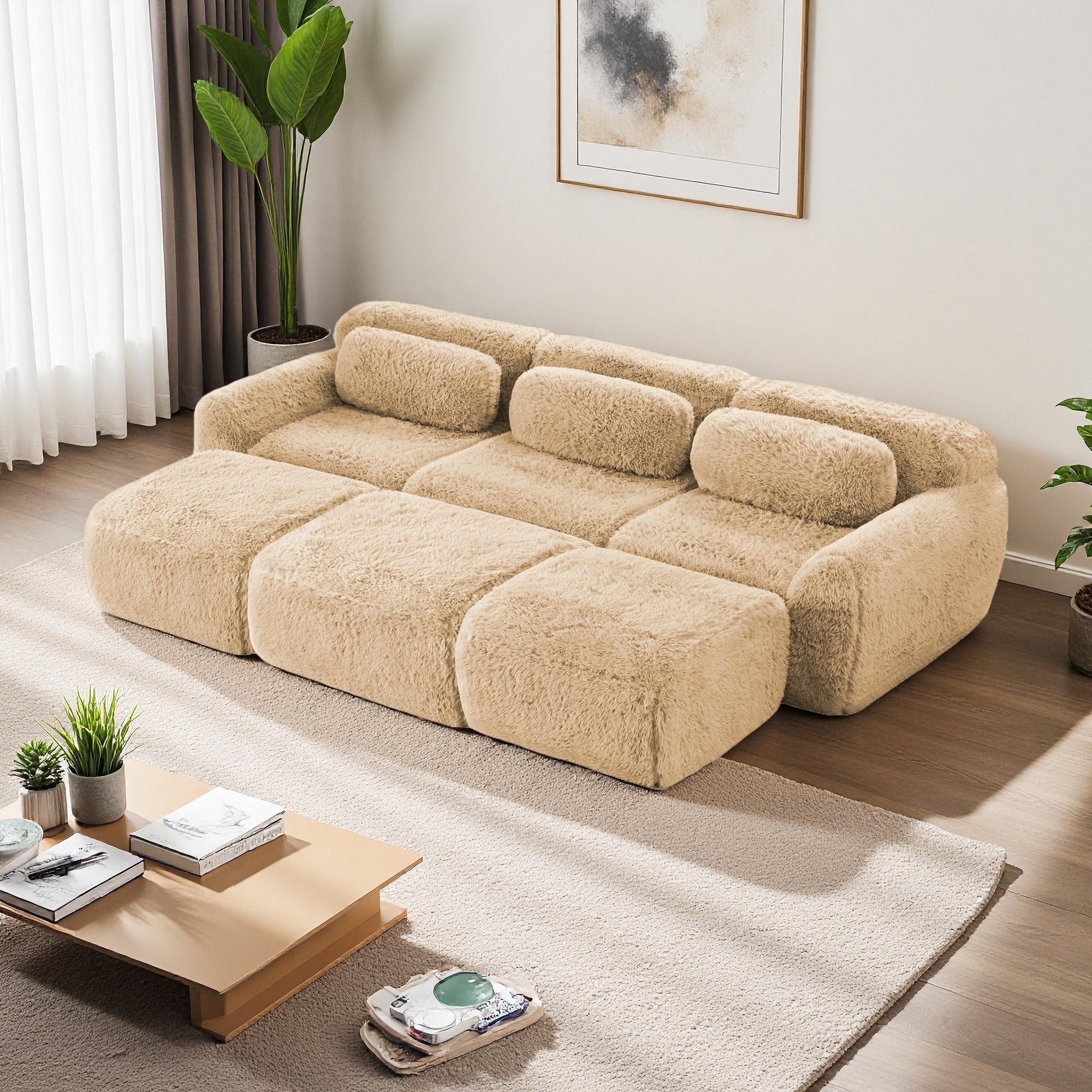 114.7" Plush Sofa with Movable Ottoman, Free Combination and No Assembly Required (3-Seater)