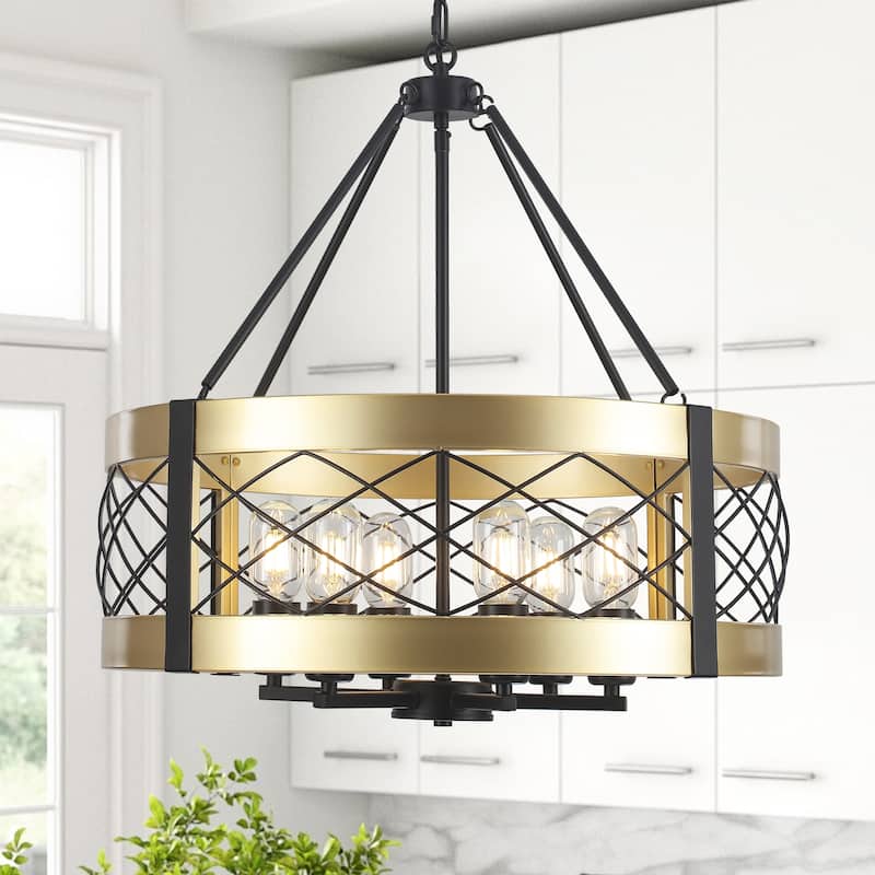 Drum Rustic Hanging Lights 6-Light Adjustable Farmhouse Chandelier Dining Room Light Fixture Kitchen Island Lighting - N/A - Black\Painted Gold