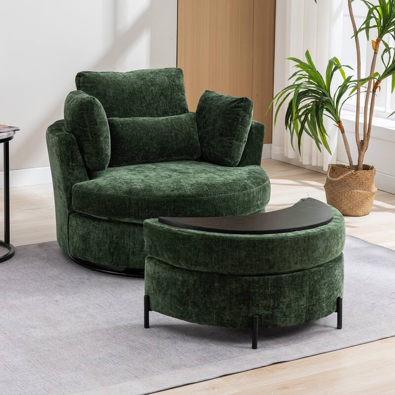 42.3"W Upholstered Swivel Accent Chair with 4 Pillows and Half-Moon Storage Ottoman