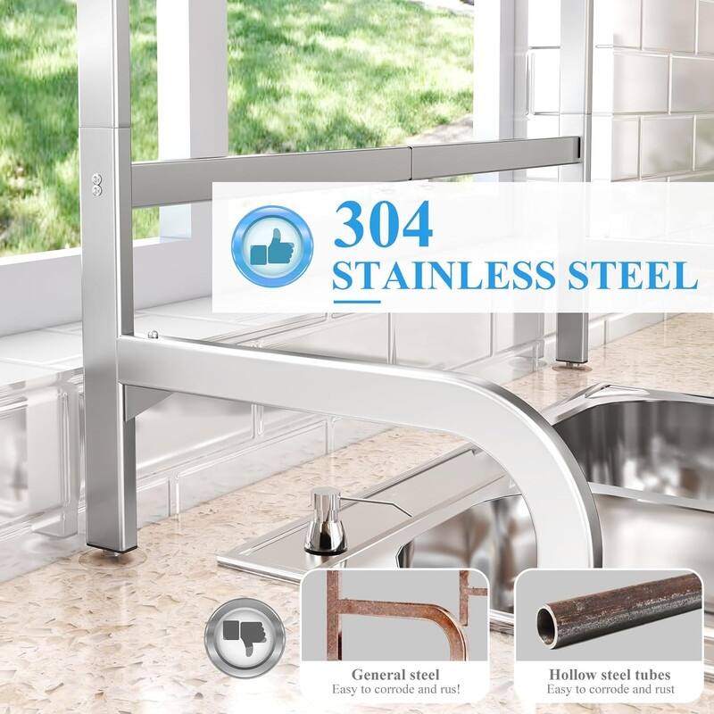 Adjustable double-layer metal steel dish drying rack above the sink, with hooks, paper towel holder, and dish cup holder.