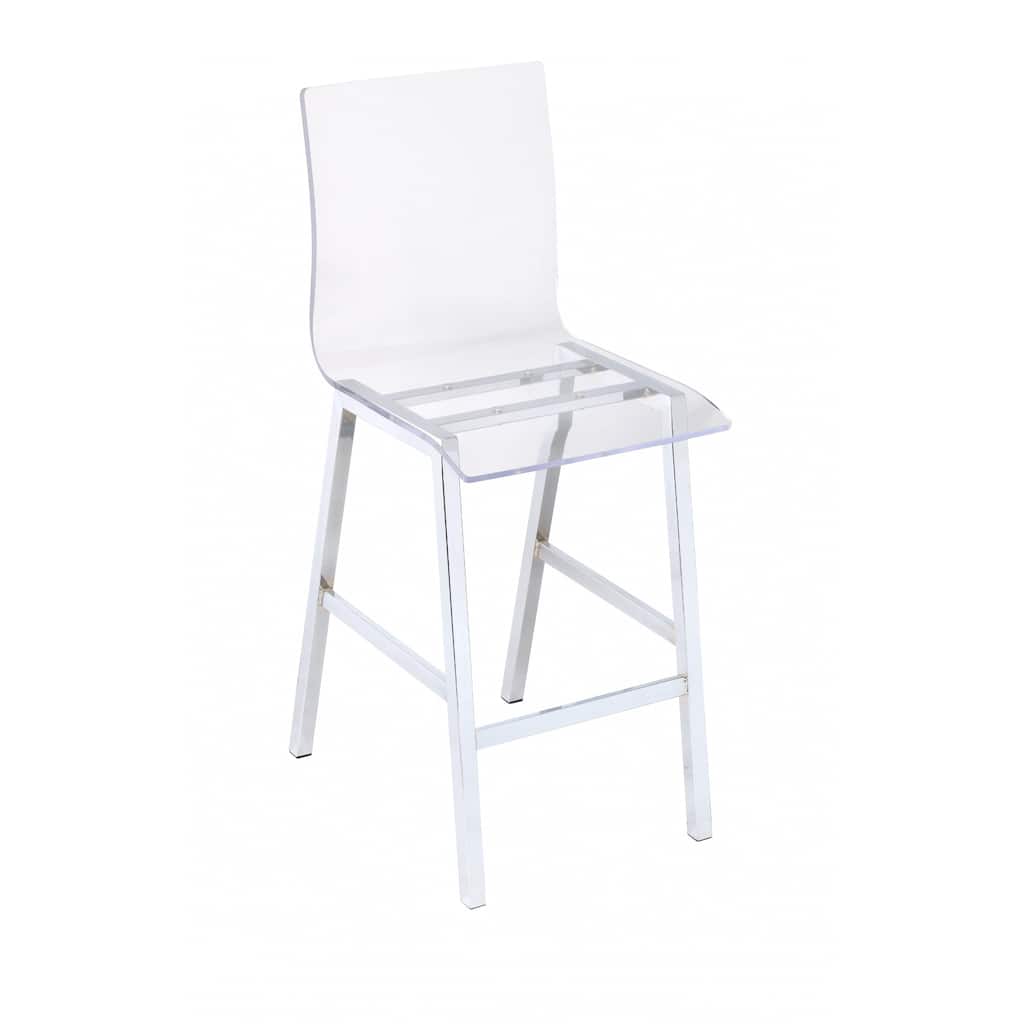 39”H Modern Clear Acrylic Counter Bar Stool with Chrome Frame Square Seat and Full Back - 39”H x 19”W x 16”D