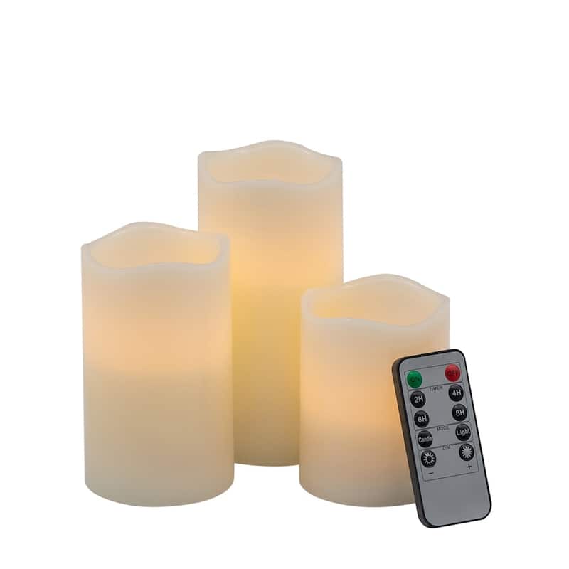 Set of 3 LED Candles with Remote Timer, L:D3X6" M:D3X5" S:D3X4" - White-1