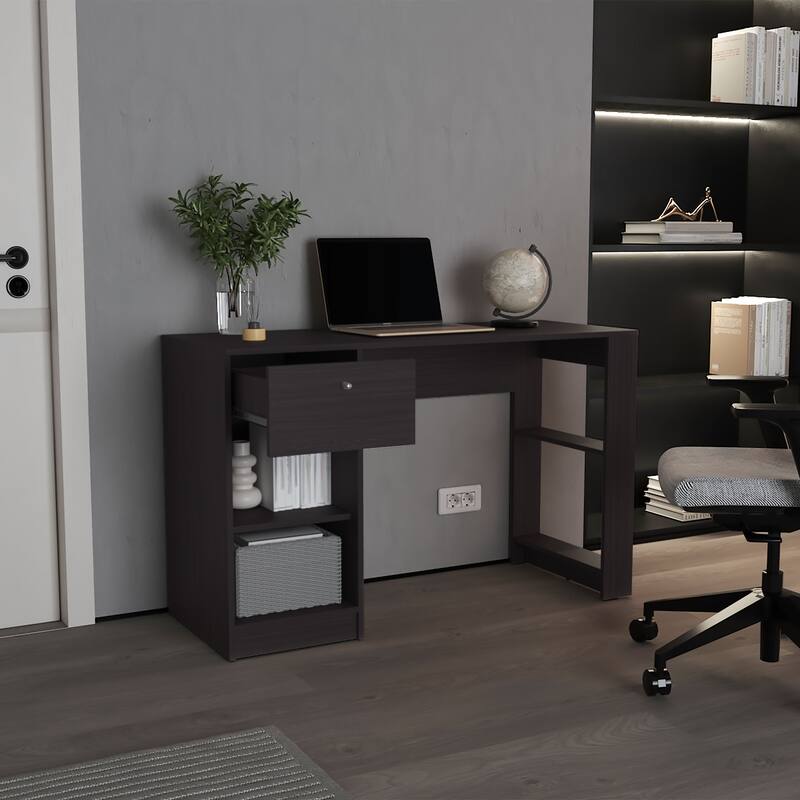 Wide Home Office Desk with Storage Shelves and Drawer, Rectangular Computer Table for Workspace
