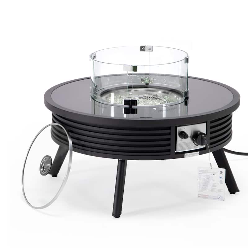 Walbrooke Modern Round Aluminum Frame Fire Pit Table with Powder-Coated Finish, CSA-Certified, and Tempered Glass - 29 - Black