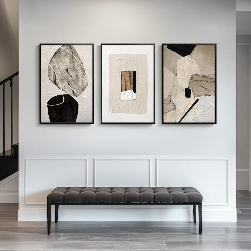 Framed Neutral Abstract Wall Art,Minimalist Black and Beige Pictures