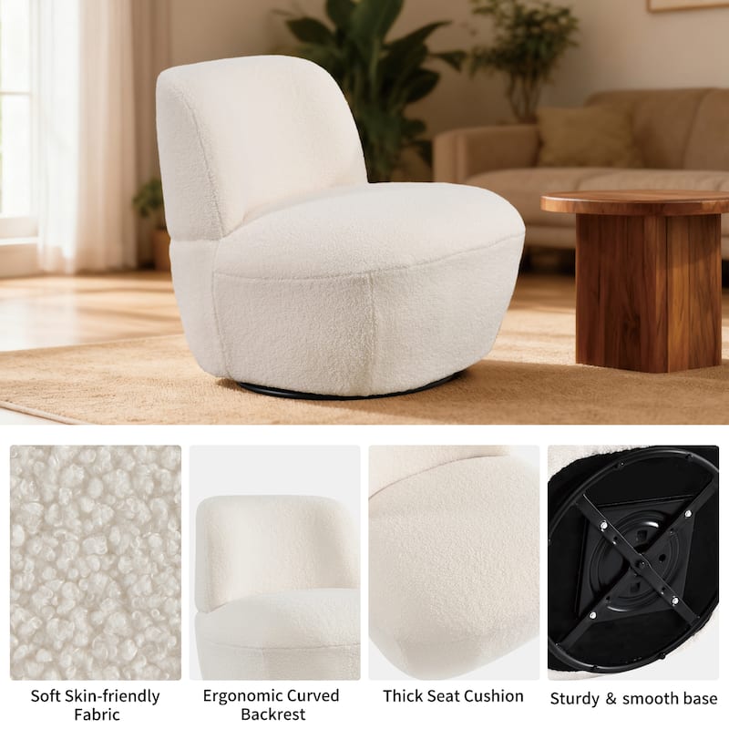Modern 27" W Swivel White Boucle Upholstered Accent Chair