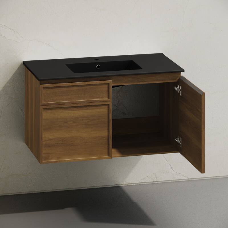 St. Tropez 36" Wall-Mounted Bathroom Vanity In Brown Oak With Black Sink Top - 36