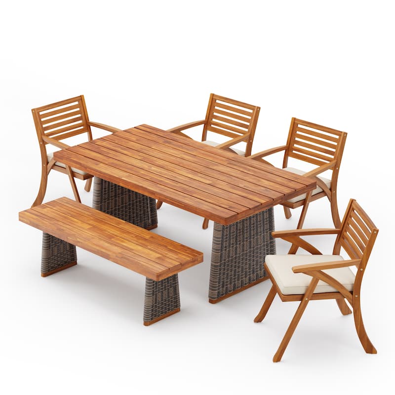 Christopher Knight Home - Mirelle Outdoor Acacia Wood 6 Piece Dining Set with Rattan Legs and Water Resistant Cushions