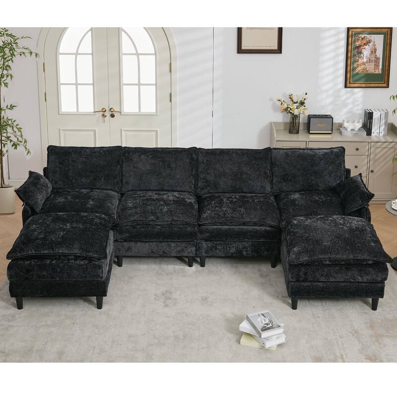Oversized U Shaped Sectional Couch, Comfy Cloud Modular Sectional Sofa with 2 Ottoman Deep Seat Chenille Modern Cloud Sofa