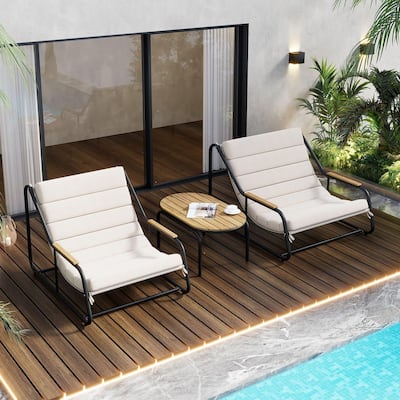 3-Piece Outdoor Chaise Lounge Chairs Set with Acacia Side Table Weather Resistant for Patio and Pool Relaxation
