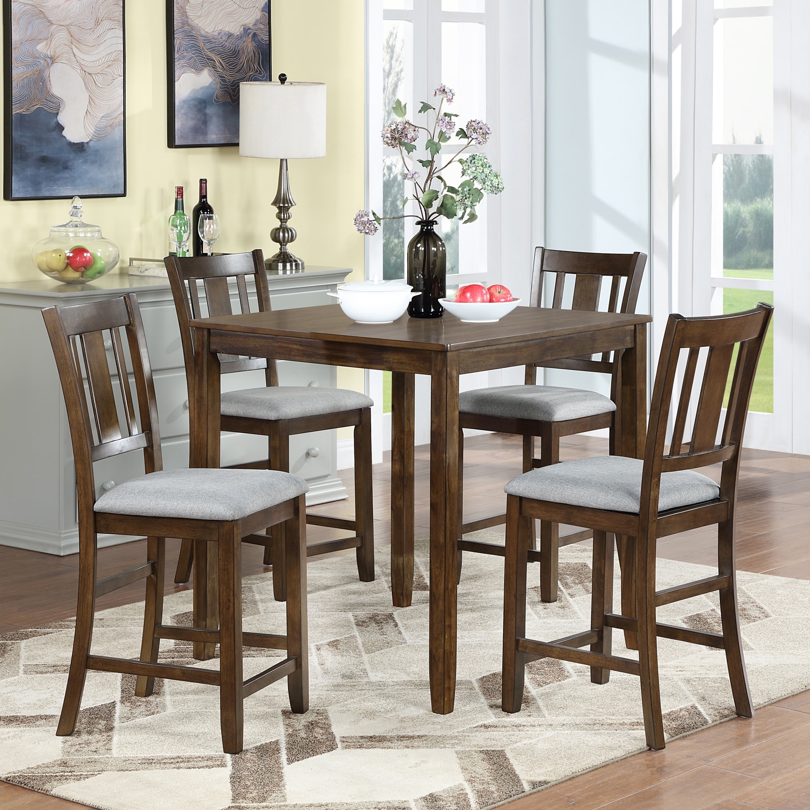 Traditional Kitchen Dining Table Set of 5, Wooden Square Dining Table with 4 Upholstered Chairs for 4, Meeting Tables