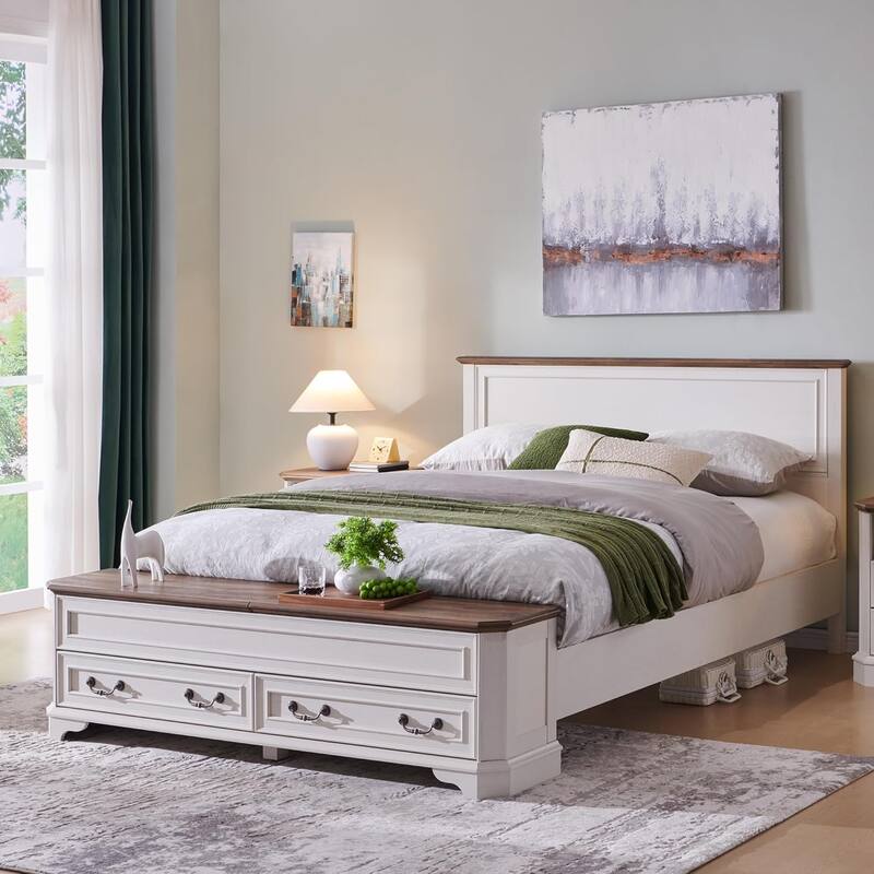 Farmhouse Bed Frame w/ Headboard & Storage Bench, Wood Platform Bed - Antique White - Queen