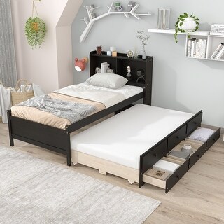Twin Bed with Trundle, Drawers, and Bookcase Headboard, Perfect for Small Bedrooms