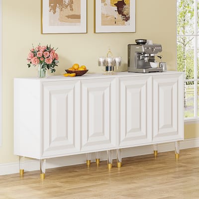 63 Inch 4 Door Sideboard Buffet Cabinet, Modern White Credenzas Kitchen Accent Cabinet