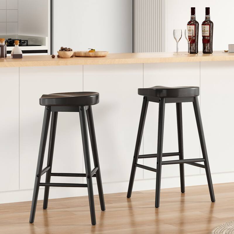 30.3" Solid Wood Bar Stools, Set of 2, Backless Saddle Seat Counter Stools with Footrests, Mid-Century Modern Bar Chairs