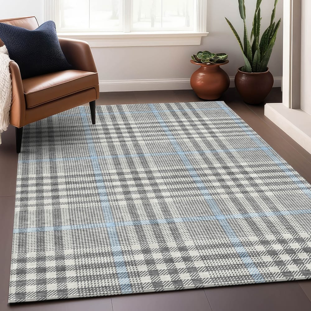 Machine Washable Indoor/ Outdoor Plaid Chantille Rug