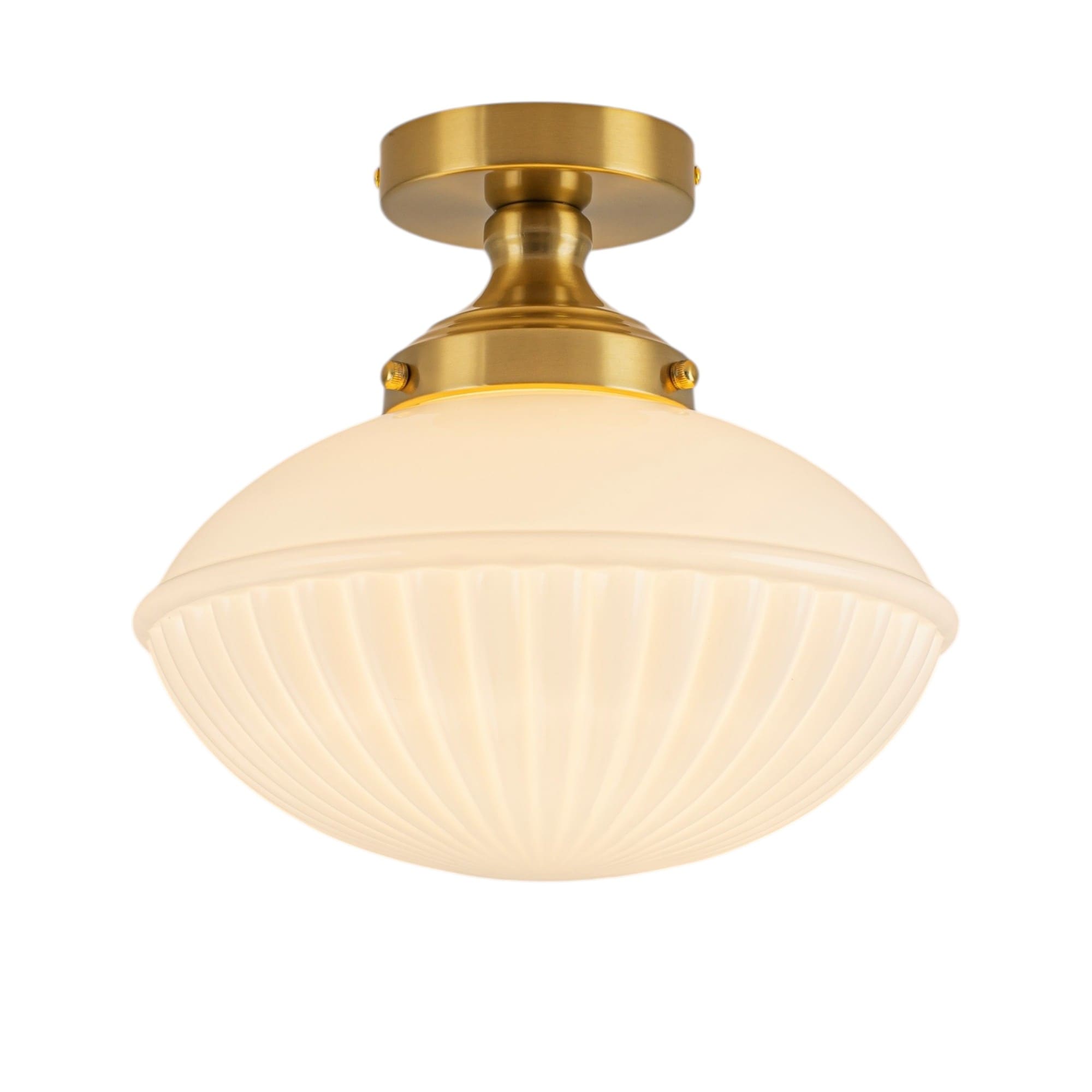 Rennnsan 12 in. W 1-Light Modern Brass Fluted Milk Glass Semi-Flush Mount Ceiling Light - 11.8 in. Dia × 10.6 in. H