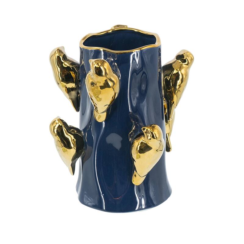 8.7x8.7x9.5" Blue Ceramic Tree Branch Vase with Gold Bird Accents