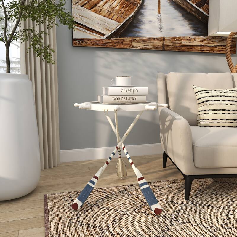 White Metal Ship Wheel Top Accent Table with Oar Shaped Legs
