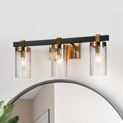 3-Light Black Gold Modern Bathroom Vanity Lights with Cylinder Glass - 20" L x 5" W x 8.5" H