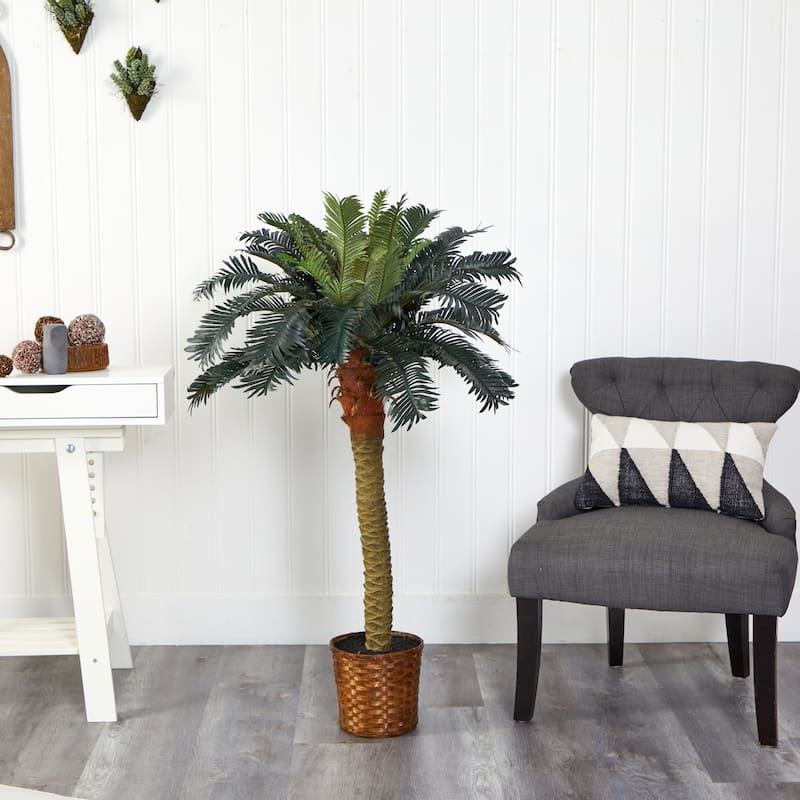 4Ft Silk Palm Tree - Realistic Faux Palm with Wicker Basket - Home Office Decor - 4ft.