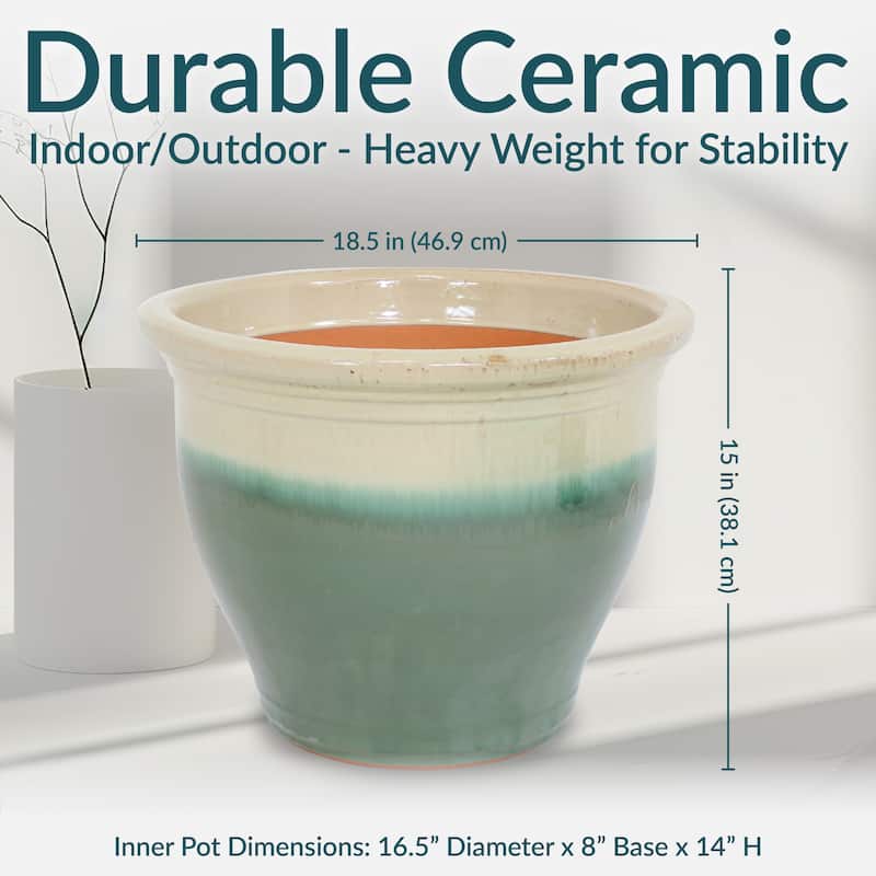 Sunnydaze Studio High-Fired Glazed Ceramic Planter - 18-Inch - Seafoam