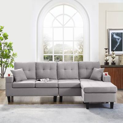 Convertible Linen Sectioanl Sofa With Ottoman,Reversible L-Shapped Sofa With Cup Holders