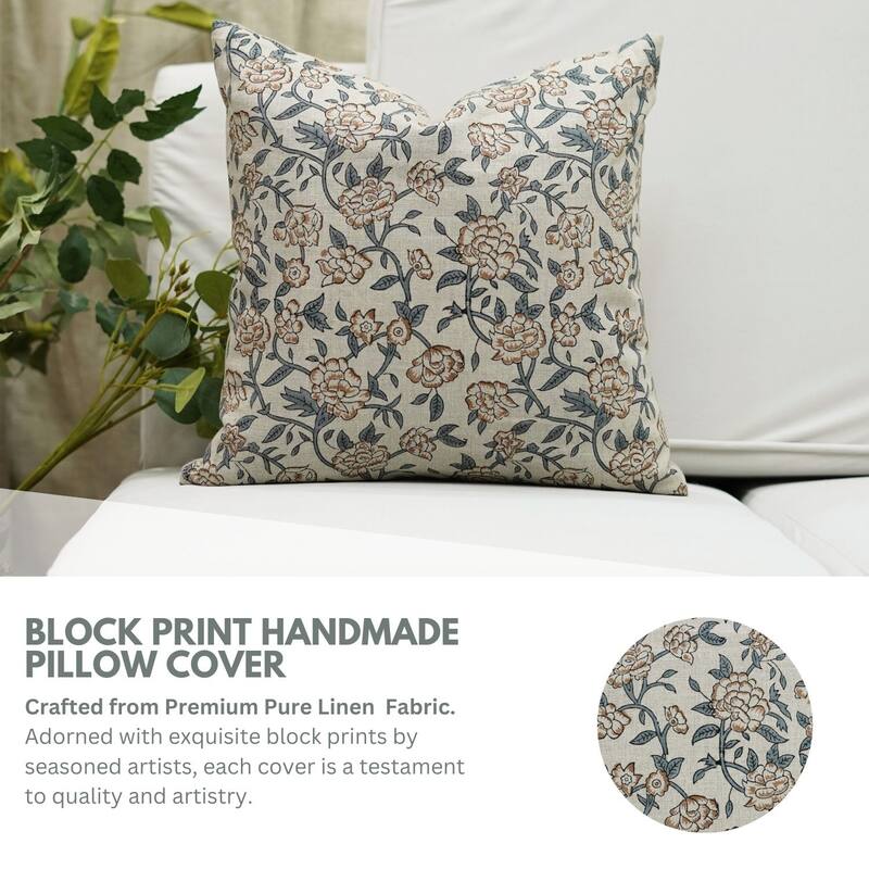 Fabdivine Block Print 12x20 Inch Pillow Cover Pure Linen Floral Farmhouse Decor Accent for Brown Soft, Cushion Case, Kanak Buti