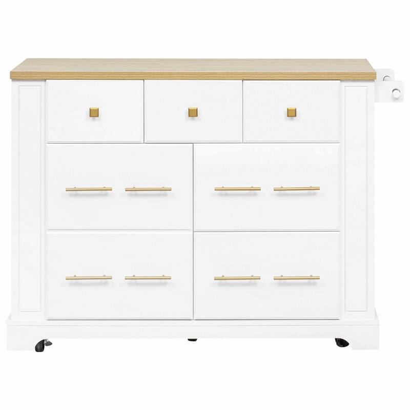 Rolling Kitchen Island with 6 Drawers, Pull-Out Trash Can Storage, Drop Leaf, Power Outlet & Side Racks