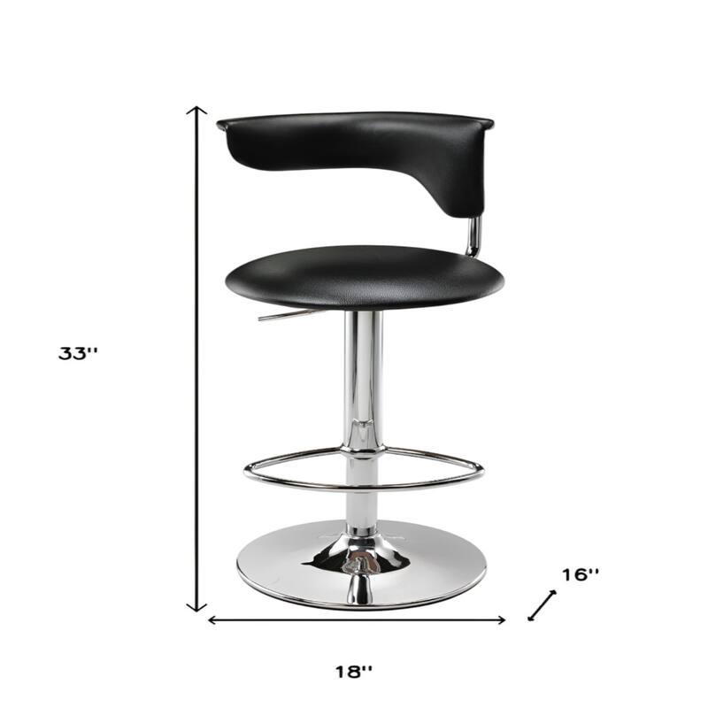 Adjustable Seat Height Black Faux Leather Bar Stool with Chrome Pedestal Base and Low Back Support - 33”H x 18”W x 16”D