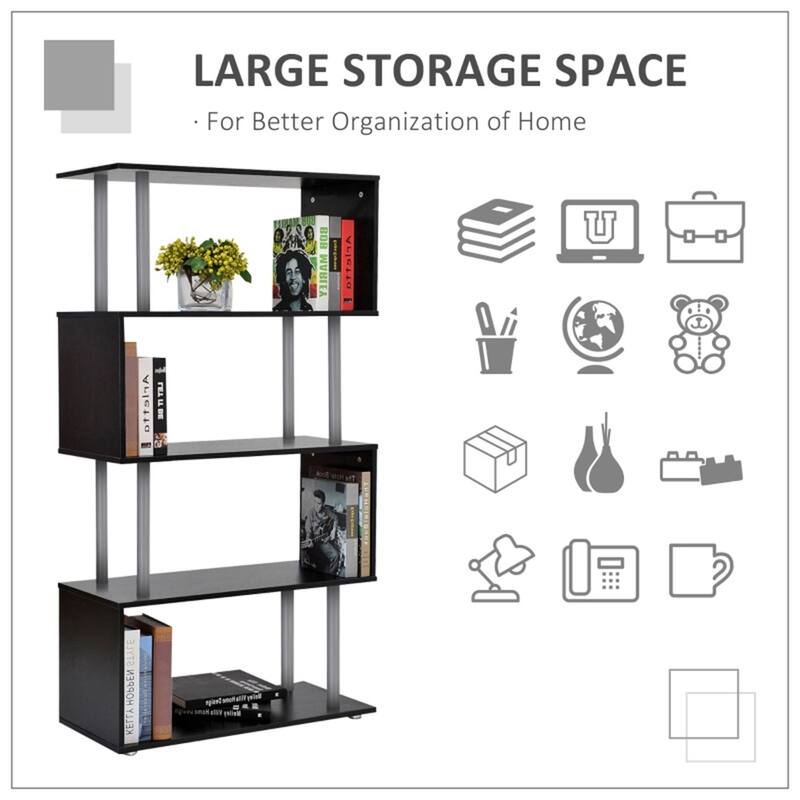 5 Tier Black Modern Design S-Shaped Bookcase Shelf Unit for Living Room Bedroom Office Decor - 31.5'L x 12" W x 57.25" H