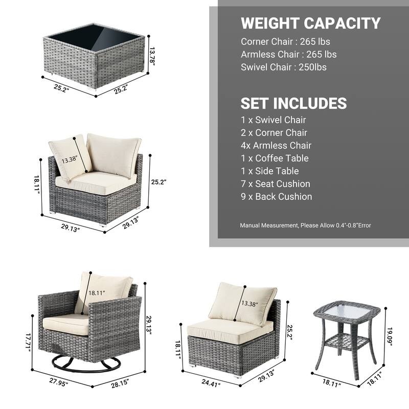 HOOOWOOO 9-piece Grey Wicker Patio Outdoor Sectional Set with Swivel Rocking Chair