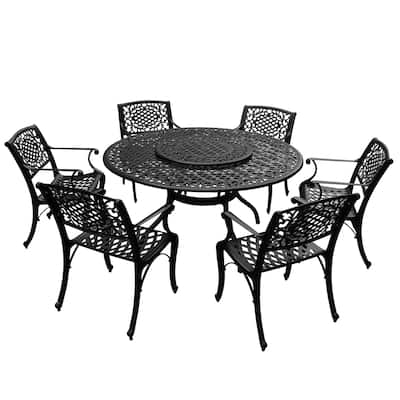 Mesh Lattice 59 in. Round Dining Set with Lazy Susan and Six Chairs - N/A