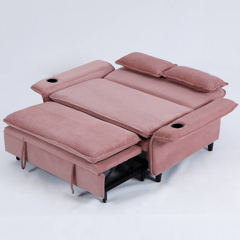 65.74-inch Pink Letter Striped Corduroy Multifunctional Sofa Bed with Adjustable Armrests and Backrests