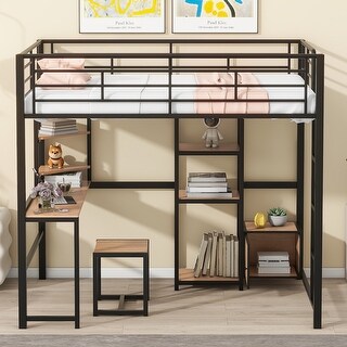 Full Loft Metal Bed with Desk Stool, Shelves and Cabinet Underneath