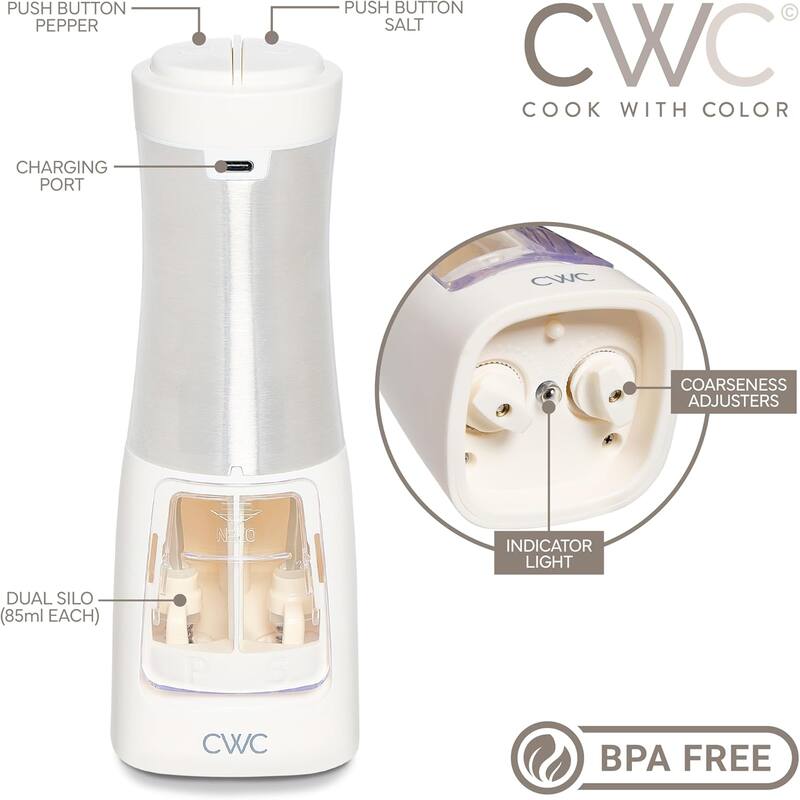 COOK WITH COLOR 2-in-1 Rechargeable Salt & Pepper Shaker - 2 Grinders for Salt and Pepper