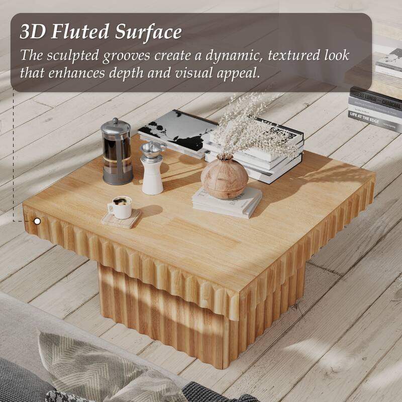 COZAYH Modern Square Fluted Solid Wood Coffee Table,Sculptural Accent Side Table with Textured Design
