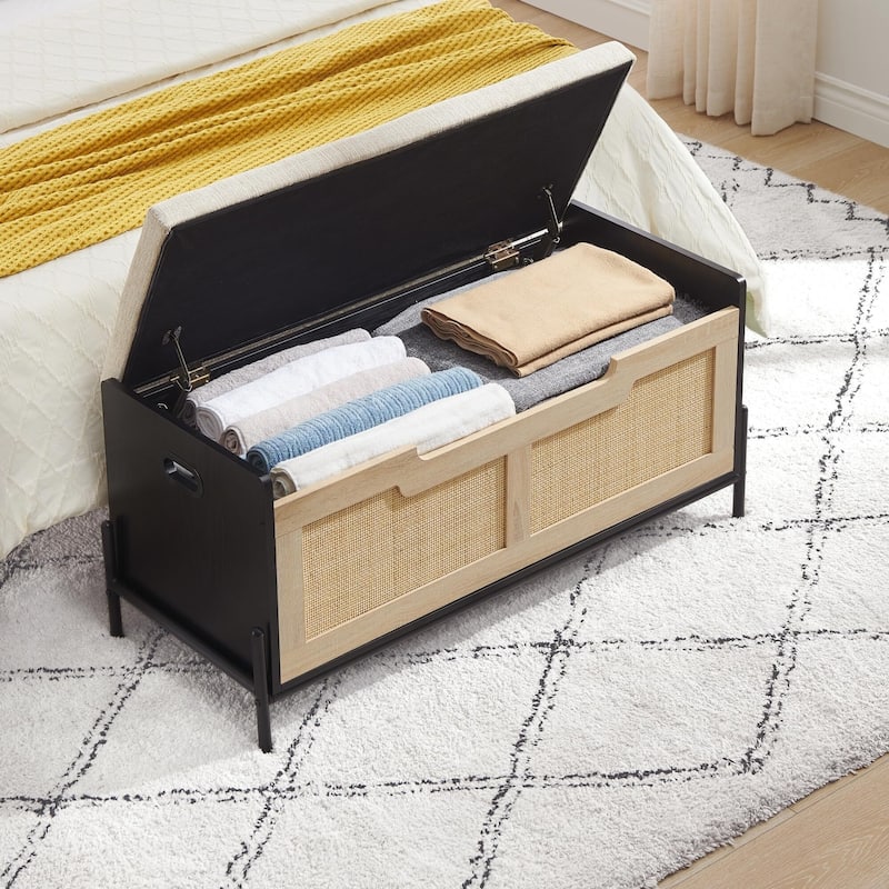 Square Rattan Foot Rest Stool, Storage Entryway Bench for Small Spaces, Storage Ottoman for Living Room Coffee Table,
