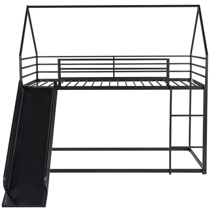 Twin Metal House Bunk Bed with Ladder, Slide, and Guardrails