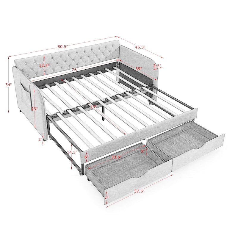Grey Twin Size Upholstered Daybed with Trundle and Two Storage Drawers