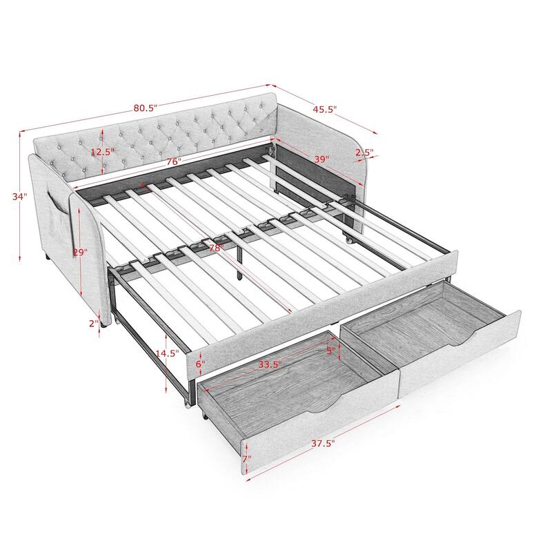 Twin Size Upholstery Daybed with Trundle and Two Storage Drawers for Bedroom