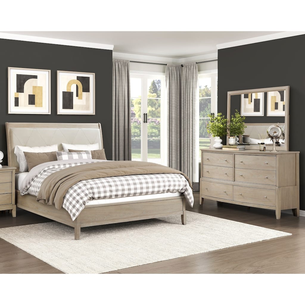 3-Piece Bedroom Furniture Beige Finsh Upholstered Bed Dresser Mirror Set
