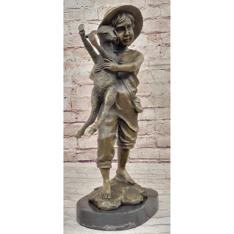 Real Bronze Metal Statue On Marble Base Young Farm Boy His Sheep Sculpture
