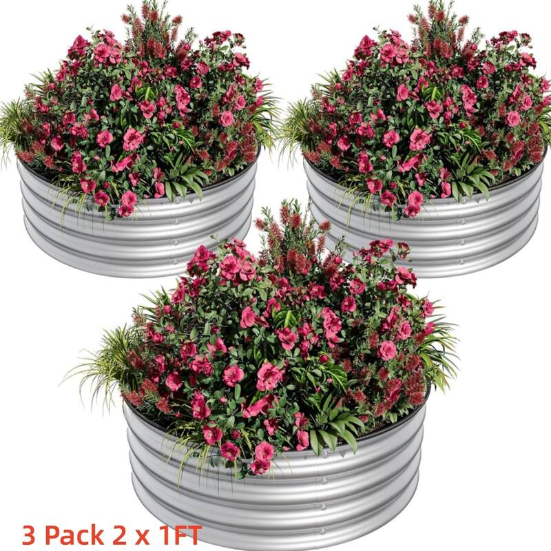 3-Pack 2x1FT Galvanized Raised Garden Beds Round for Vegetables Flowers and Fruits Silver - Silver