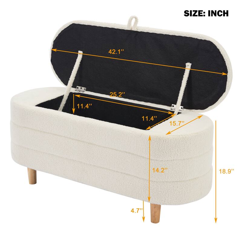 Elegant Upholstered Sherpa Fabric Storage Ottoman with Wood Legs, Storage Bench for Bedroom, Living Room
